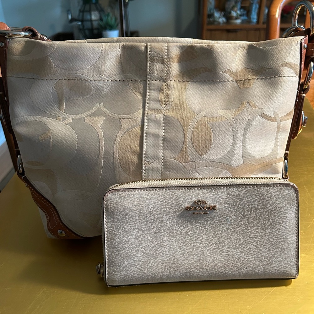 Coach Tan and Brown Shoulder Bag with Signature Monogram with Wallet